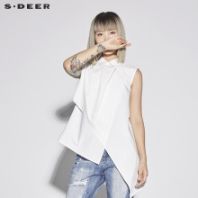 sdeer圣迪奥2018新款女夏翻领搭片无袖不规则摆短袖衬衫S18280601图片