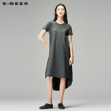 sdeer圣迪奥2018秋装简约圆领短袖A字前短后长连衣裙女S18181222图片