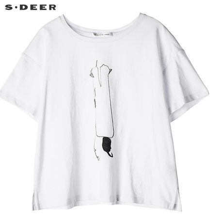 sdeer圣迪奥2018新款女夏素白套头圆领图像印染短袖T恤S18280163商品大图