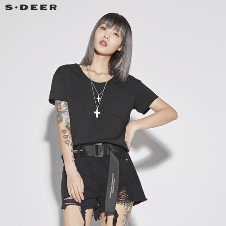 sdeer 圣迪奥 女装酷感休闲圆领贴袋设计短袖T恤S18280168商品大图