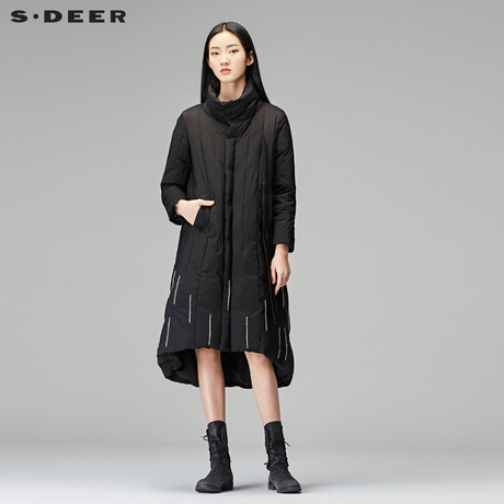 sdeer圣迪奥2018冬装新款简约撞色绣线飘带长款羽绒服女S17482434商品大图