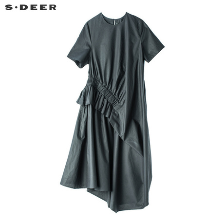 sdeer圣迪奥2018新款女装夏装圆领高腰褶裥全棉连衣裙S18281230商品大图
