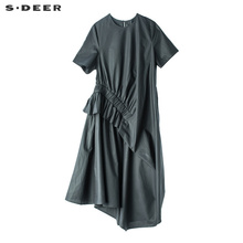 sdeer圣迪奥2018新款女装夏装圆领高腰褶裥全棉连衣裙S18281230图片