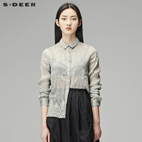 sdeer圣迪奥2018秋装复古文艺绣花长袖亚麻桑蚕丝衬衫女S18180512商品大图