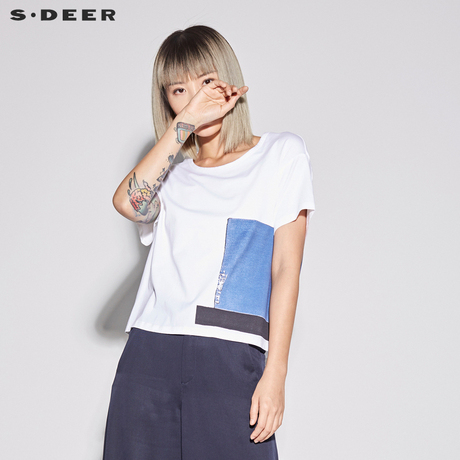 sdeer圣迪奥女装2018夏装新款简约素白圆领印花短袖T恤S18280145商品大图