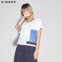 sdeer圣迪奥女装2018夏装新款简约素白圆领印花短袖T恤S18280145图片