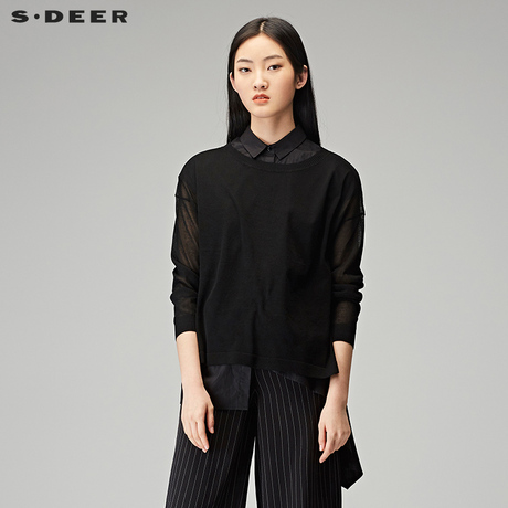 sdeer圣迪奥2018秋装不规则斜摆淑女两件套(衬衫+针织)S18183525商品大图