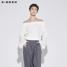 sdeer圣迪奥女装甜美公主范蕾丝落肩一字领露肩衬衫S18280529图片