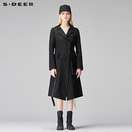sdeer圣迪奥女装简约英伦风贴布飘带装饰长款西装外套S17481872商品大图
