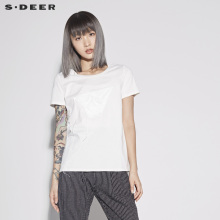 sdeer 圣迪奥女装简约纯色拼接设计短袖T恤S18280147图片