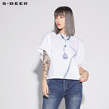 sdeer圣迪奥女装简约圆领水墨抽象印花连袖宽松T恤S18280141图片