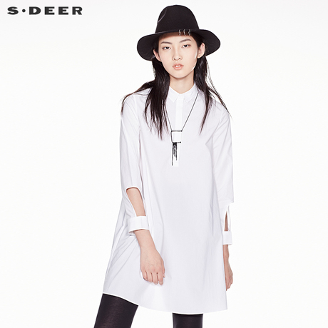 sdeer圣迪奥2018秋装不规则袖口简约纯色A字长款女衬衫S17380576商品大图