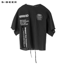 sdeer圣迪奥时尚圆领撞色字母印胶贴布系带蝙蝠袖上衣S18280116图片
