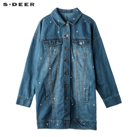sdeer圣迪奥帅气新潮复古牛仔蓝色调波点装饰翻领外套S18382244商品大图