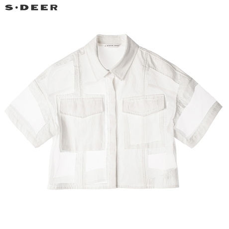 sdeer 圣迪奥 女装欧根纱拼接中性酷感短款衬衫S17280475商品大图