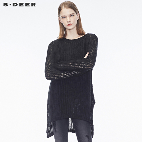 sdeer圣迪奥女装简约纯色宽松开衩前后摆粗棒针织衫S17383538商品大图