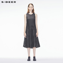 sdeer圣迪奥2018秋装新款风琴褶皱长款A字无袖连衣裙女S18381214图片