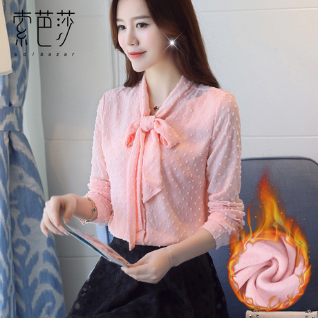 加绒加厚雪纺衬衫女装长袖2018秋冬季新款时尚蝴蝶结韩版百搭上衣商品大图