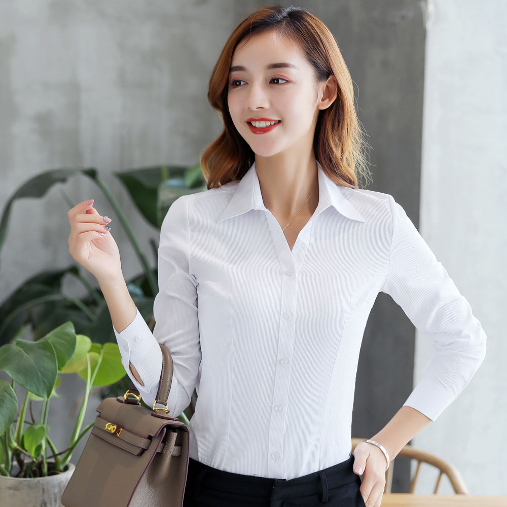 包邮白衬衫女修身收腰V领细竖条纹衬衣短袖职业OL长袖工作服蓝色