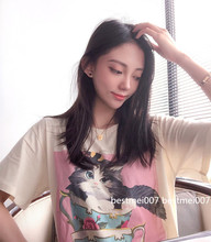 中长款 萌萌 宽松版短袖 茶杯猫咪卡通印花图案T恤 19ss新款