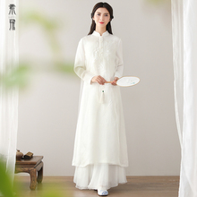 素飞中国风真丝纱裙新款汉服连衣裙衬衫袖立领中腰刺绣茶服禅服女图片