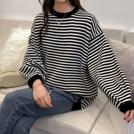 针织毛衣女圆领条纹衫2018秋装新款女装韩版宽松时尚chic上衣港味商品大图
