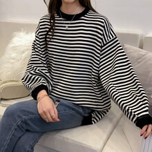 针织毛衣女圆领条纹衫2018秋装新款女装韩版宽松时尚chic上衣港味图片