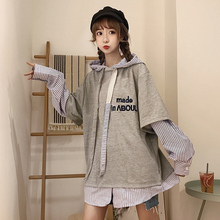 秋装韩版套头上衣连帽刺绣字母长袖假两件卫衣外套学生百搭女装潮图片