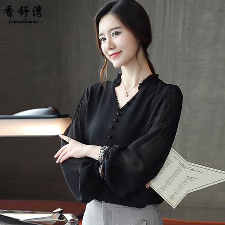 2018秋装新款韩版女装灯笼长袖雪纺衬衫V领洋气小衫上衣服潮秋天商品大图