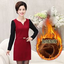 中老年妈妈秋冬装加绒加厚连衣裙女装中长裙中年中长款打底衫外套图片