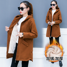 加厚卫衣女秋冬连帽保暖外套 中长款韩版宽松bf加绒卫衣大码女装图片