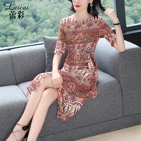 印花桑蚕丝真丝连衣裙女夏2019新款显瘦中长款气质红色A字裙4007商品大图