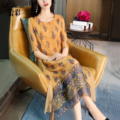 蕾彩2019新款春夏装五分袖桑蚕丝真丝印花连衣裙女中长款宽松3297商品大图
