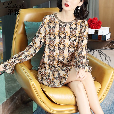 蕾彩桑蚕丝真丝印花连衣裙女长袖2019春装新款短裙宽松洋气30380商品大图