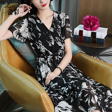 桑蚕丝真丝连衣裙女夏2019新款黑色印花宽松中长款A字裙子3883图片