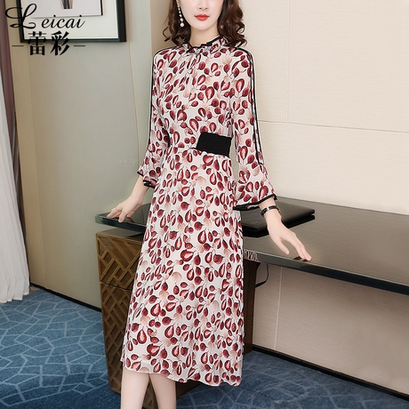 2019春季新品中长款桑蚕丝真丝A字裙宽松连衣裙子女春装3367商品大图