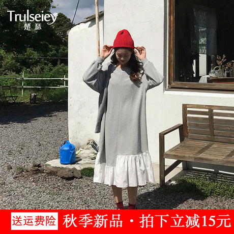 2018秋冬女装韩版BF风原宿假两件卫衣闺蜜拼接圆领中长款连衣裙子商品大图