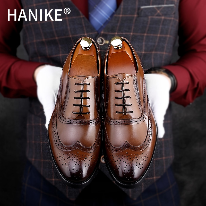 Haniko 2018 Summer Leather Shoes Genuine Leather Engelblock Carved Men's Business Dress Trend Oxford Men's Shoes