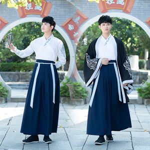 汉服男女春黑色系中国风绣花交领襦裙套装魏晋风CP装广袖大氅学生