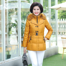 凯慕狮女装貉子大毛领双排扣中老年反季羽绒服女中长款冬季外套图片