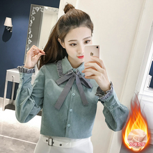 秋冬女装新款韩版甜美灯芯绒衬衣宽松木耳边蝴蝶结系带衬衫女上衣图片