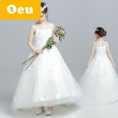 OEU白色礼服长裙花童连衣裙公主裙童装蓬蓬裙夏女生拖尾拖地QC730