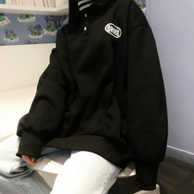 韩国ulzzang秋冬宽松polo领套头原宿风bf加绒长袖卫衣学生上衣女