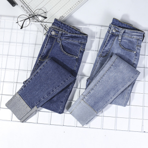 韩版chic弹力高腰牛仔裤