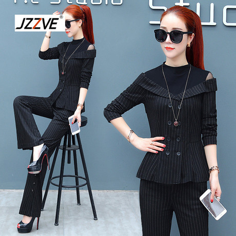 JZZVE阔腿裤套装女2018秋季新款长袖拼接上衣职业女装两件套YX816商品大图