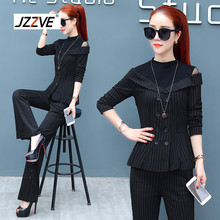 JZZVE阔腿裤套装女2018秋季新款长袖拼接上衣职业女装两件套YX816图片
