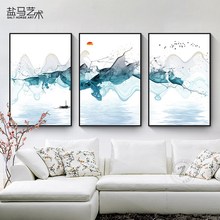 新中式客厅装饰画禅意风景画挂墙画抽象水墨画现代简约三拼无框画