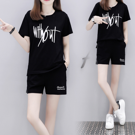 运动套装女夏2018新款韩版胖MM大码女装短袖短裤跑步服休闲两件套商品大图