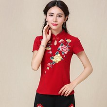 大码 民族风上衣女装 新品 立领打底衫 中国风绣花短袖 2018夏装 棉T恤