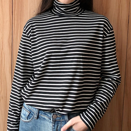 2018春秋装韩版堆堆领长袖T恤女装针织衫学生百搭高领条纹打底衫商品大图